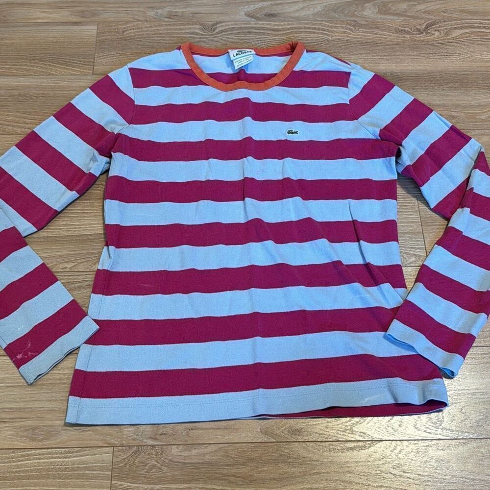 Lacoste vintage pink and blue striped long sleeve size 42   Has some bleach stai